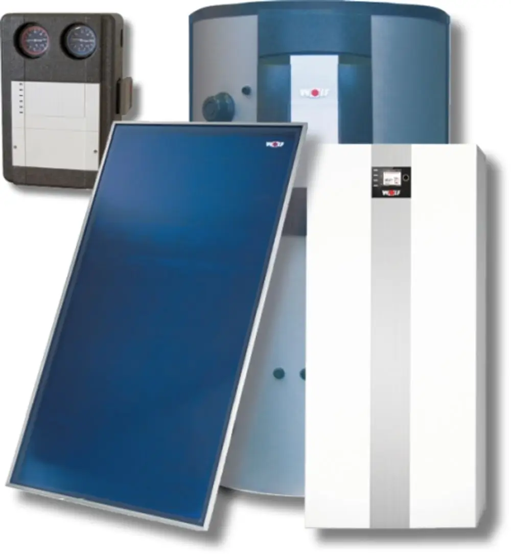 Wolf Hybrid-System mit Solarkollektor, Wärmespeicher und Steuerungseinheit, geeignet für die Nutzung von Solarenergie zur Heizungsunterstützung und Warmwasserbereitung.